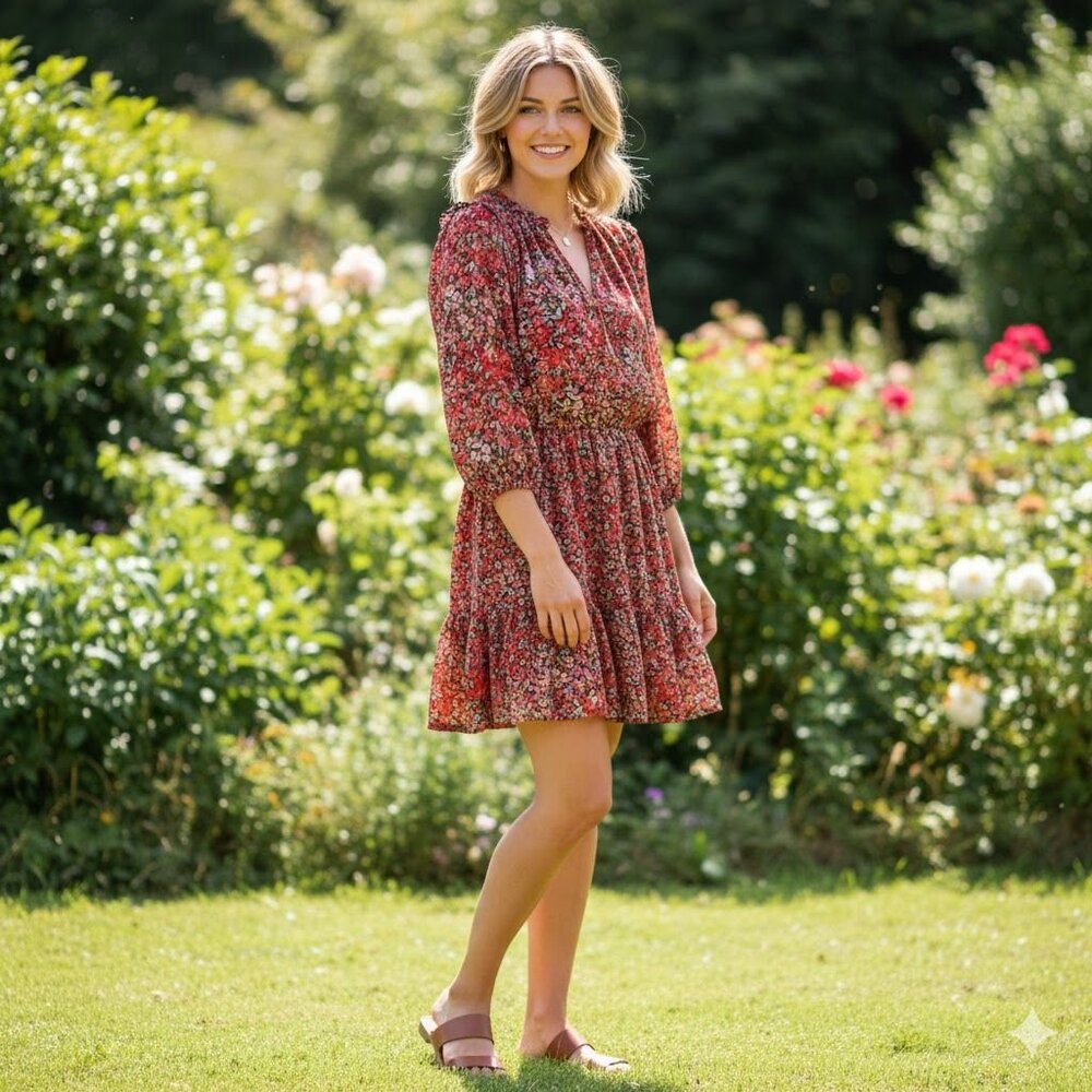 Lauren Conrad Red Floral Long Sleeve Dress Size  PXL Polyester Made In Indonesia